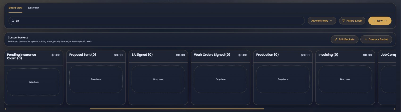 WeatherOps job pipeline — drag-and-drop board from Pending Insurance Claim to Job Complete