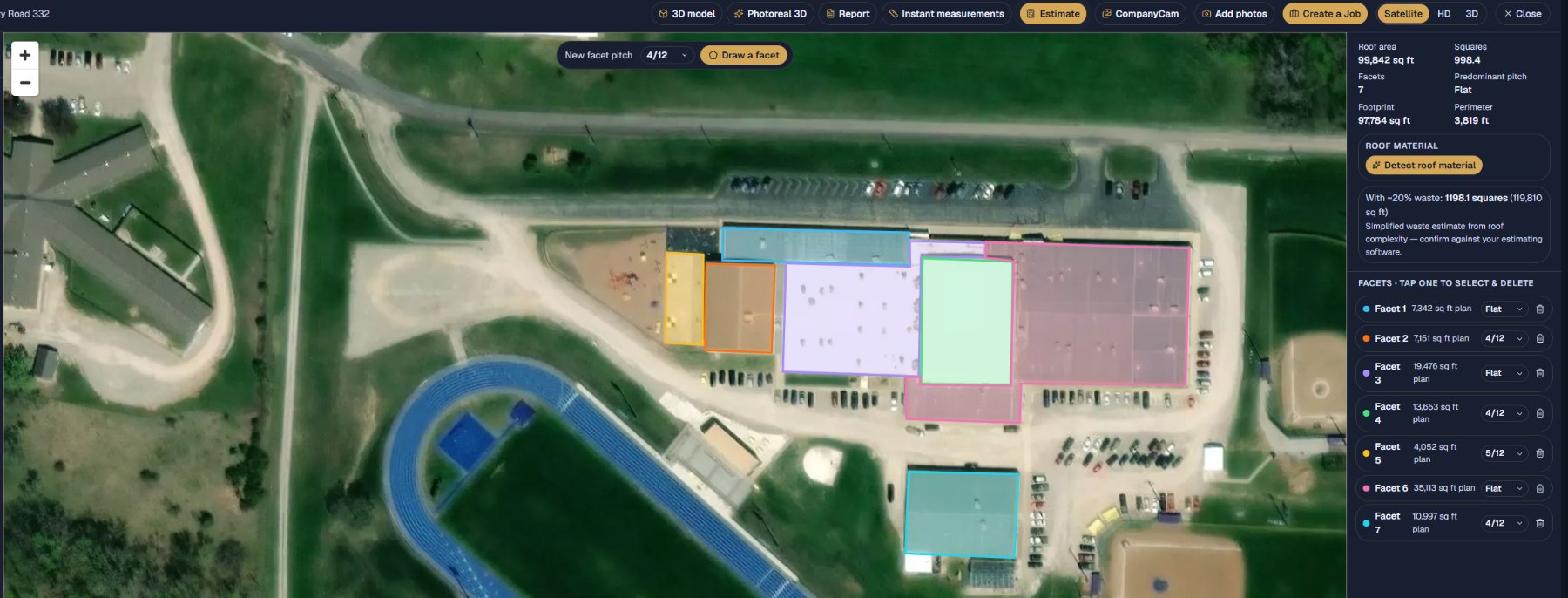 Aerial roof report — 8970 Deerfield Drive, measurements pulled from imagery