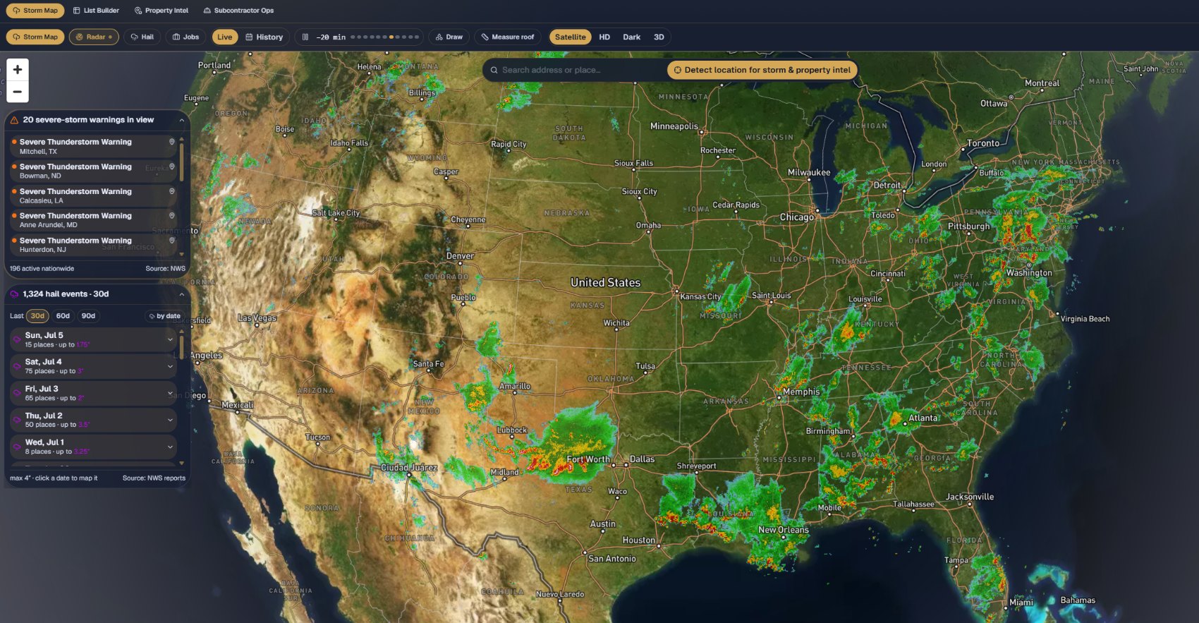 WeatherOps storm map — nationwide radar & hail tracking